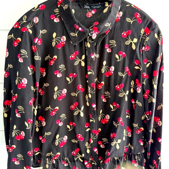 Zara Black Blouse with Red Cherry Print, Size M - Picture 3 of 6